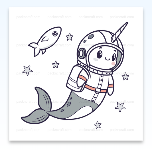 Illustration d'un narval cosmonaute rêveur, utilisable pour papeterie, stickers et projets créatifs.