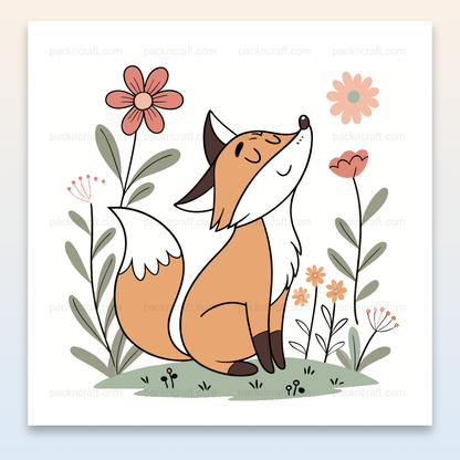 Renard contemplatif dans un jardin fleuri, illustration apaisante pour projets DIY