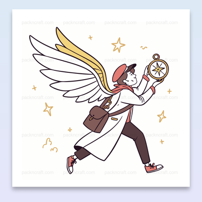 Illustration d'un explorateur ailé en quête, style doodle dynamique pour DIY.
