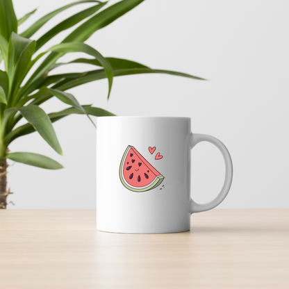 Mug été avec pastèque souriante style kawaii coloré en cœur