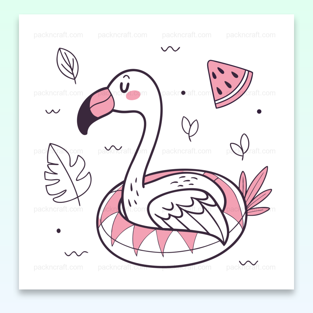 Illustration d'un flamant rose joyeux sur une bouée avec style pastel, parfaite pour projets estivaux et papeterie.