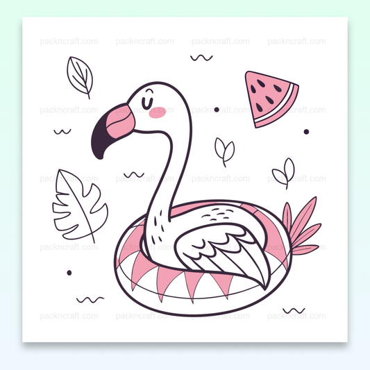 Illustration d'un flamant rose joyeux sur une bouée avec style pastel, parfaite pour projets estivaux et papeterie.