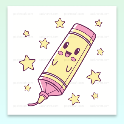 Crayon joyeux pastel flottant parmi des étoiles, style kawaii pour usage éducatif et créatif.