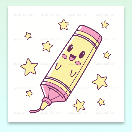 Crayon joyeux pastel flottant parmi des étoiles, style kawaii pour usage éducatif et créatif.