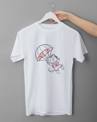 T-shirt espiègle orné d'un chat parachutiste joyeux en style aérien