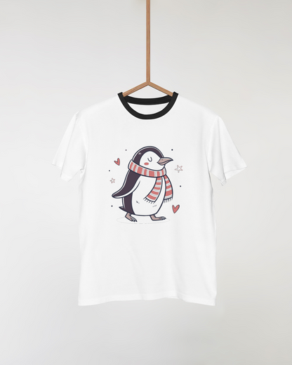 T-shirt avec icône doodle de pingouin en écharpe pour un hiver chaleureux