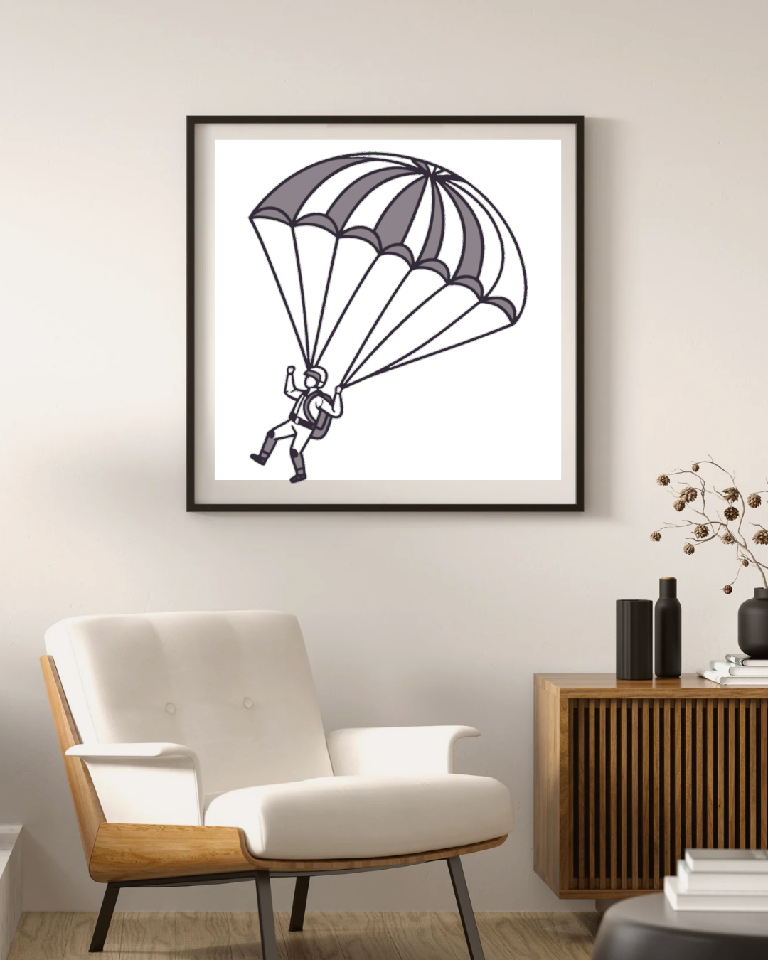 Cadre avec icône de parachutiste en descente au style aventure dynamique