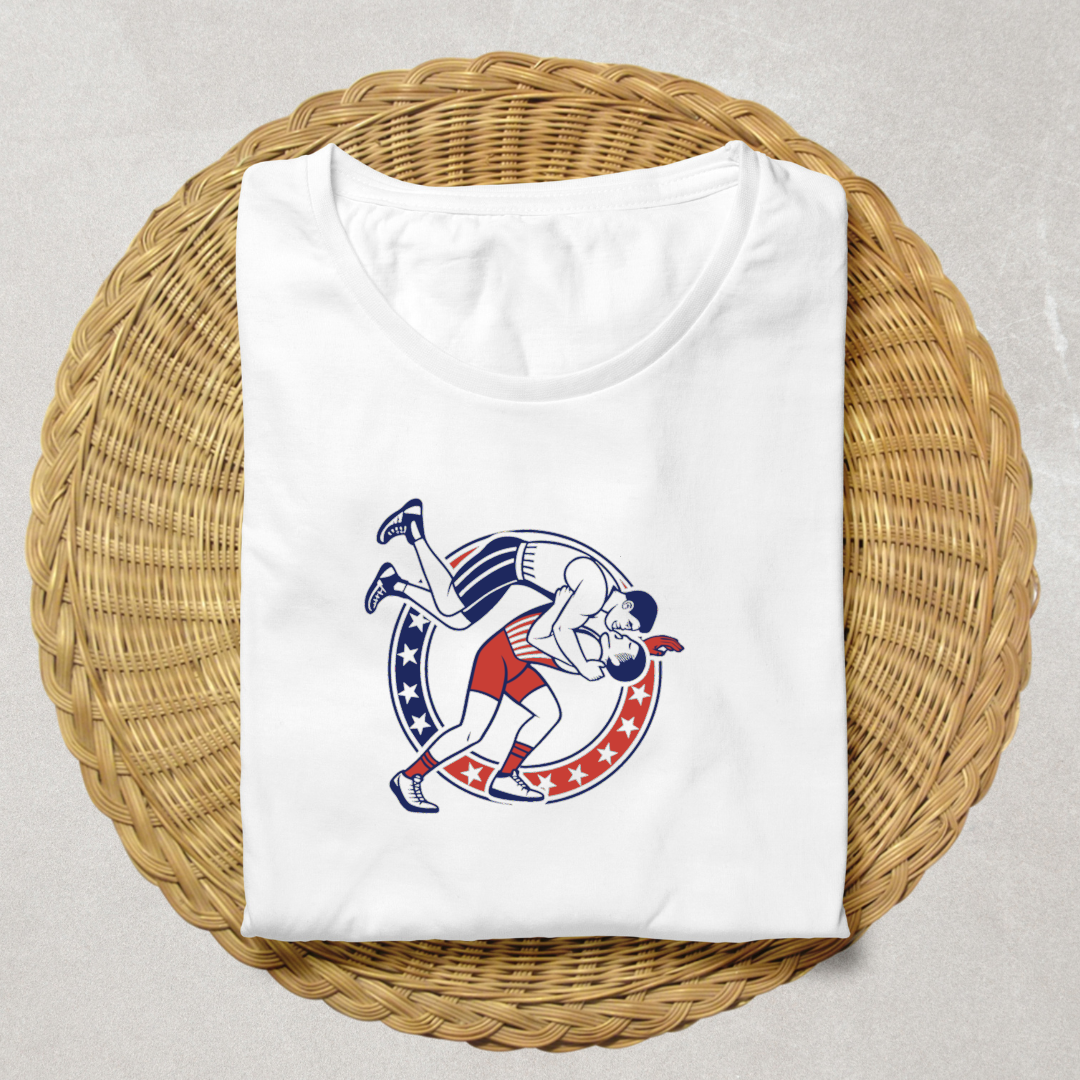 T-shirt avec une icône rétro colorée évoquant la lutte acrobatique intense