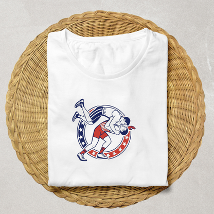 T-shirt avec une icône rétro colorée évoquant la lutte acrobatique intense