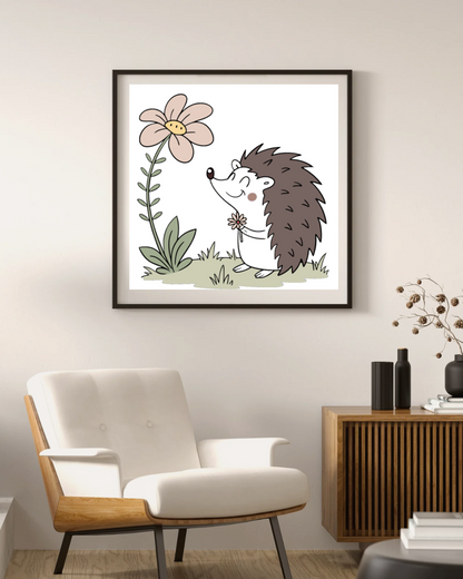 Cadre décoratif avec hérisson joyeux et fleur géante dans un style pastel forestier
