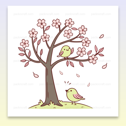 Illustration d'oiseaux joyeux sous un cerisier en fleurs, idéale pour projets nature ou éducatifs