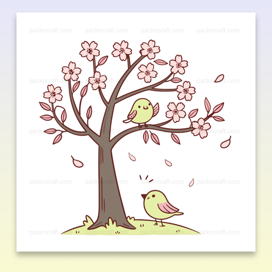 Illustration d'oiseaux joyeux sous un cerisier en fleurs, idéale pour projets nature ou éducatifs