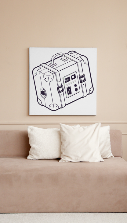Cadre moderne avec valise rétro futuriste en dessin vectorel style aventure numérique