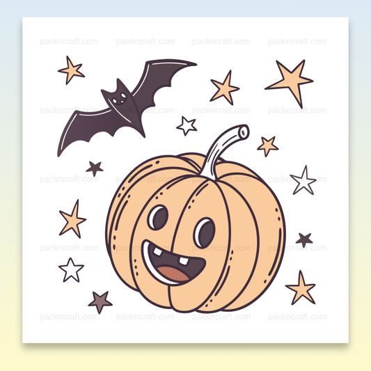 Illustration d'une citrouille souriante avec étoiles et chauve-souris pour Halloween, parfaite pour impressions DIY.
