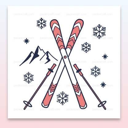 Illustration artistique de skis en montagne avec flocons et sommets enneigés, pour décoration ou papeterie.