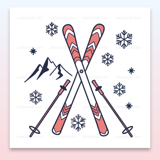Illustration artistique de skis en montagne avec flocons et sommets enneigés, pour décoration ou papeterie.