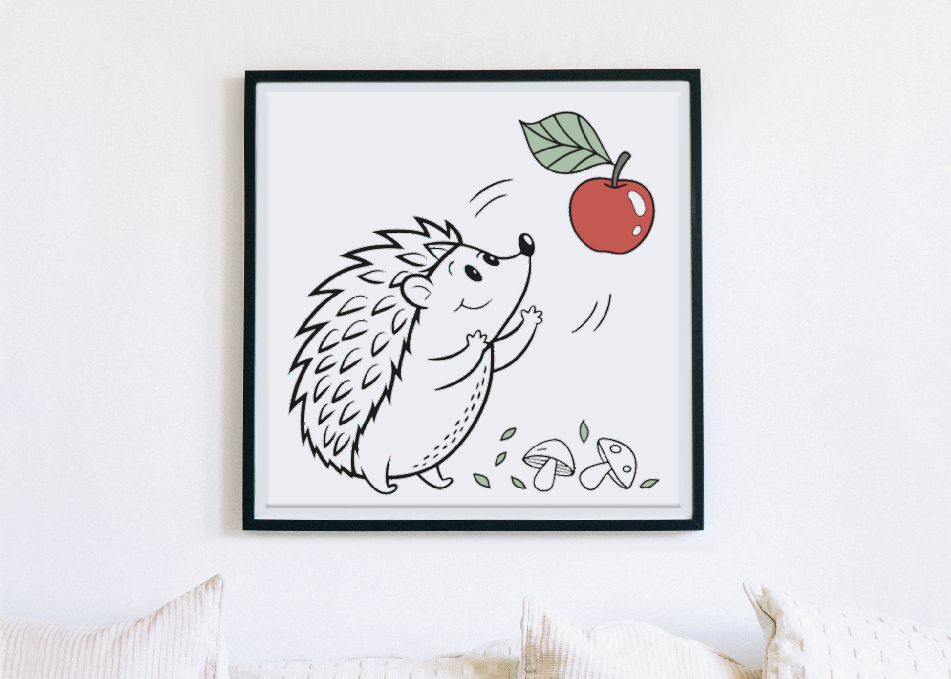 Cadre avec hérisson souriant attrapant une pomme, style doodle nature