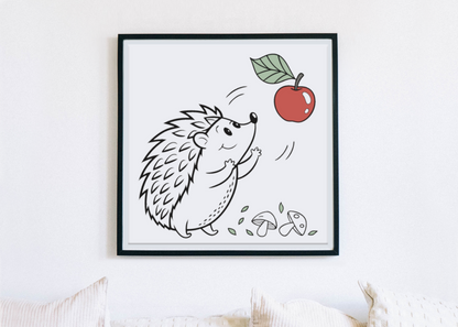 Cadre avec hérisson souriant attrapant une pomme, style doodle nature
