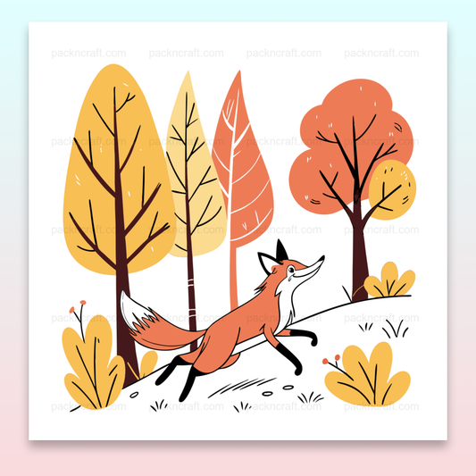 Illustration d'un renard joueur dans une forêt automnale pour projets déco et DIY