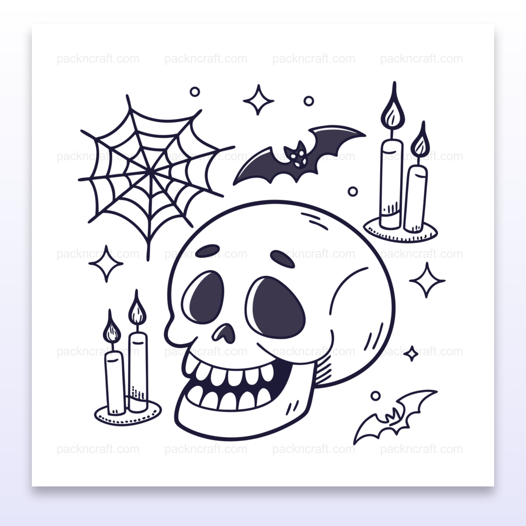 Illustration vectorielle de crâne pour Halloween avec chauve-souris et bougies.
