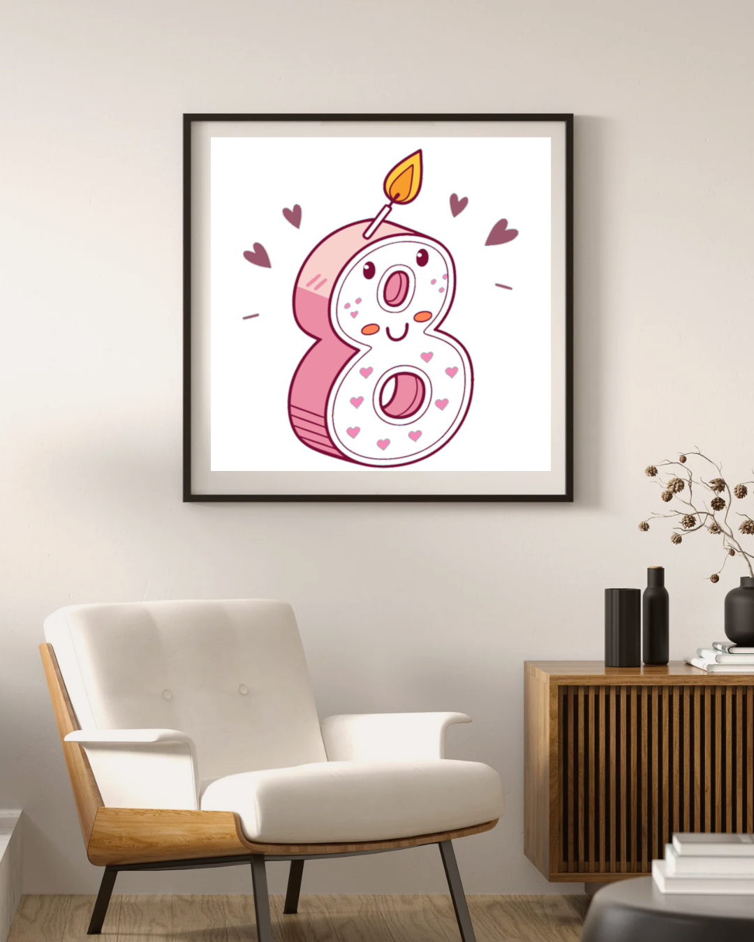 Mise en cadre de la bougie chiffre 8 pour décoration murale.