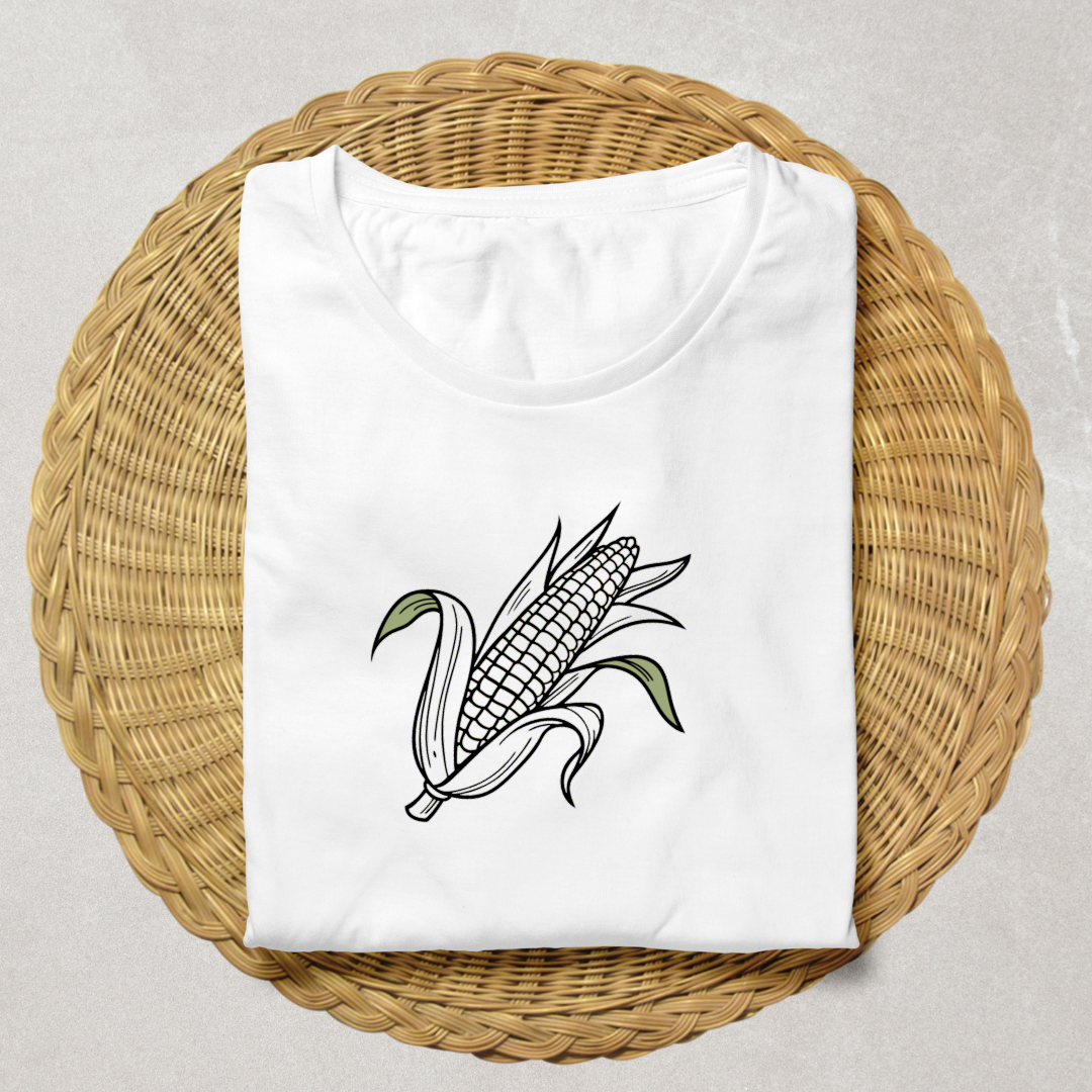 T-shirt avec motif de maïs stylisé, design vectoriel, ambiance champêtre