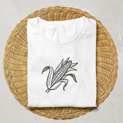 T-shirt avec motif de maïs stylisé, design vectoriel, ambiance champêtre