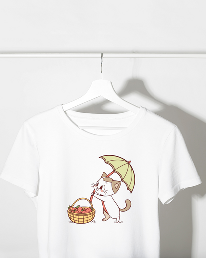 T-shirt avec chat kawaii sous parapluie dans un style amusant et coloré