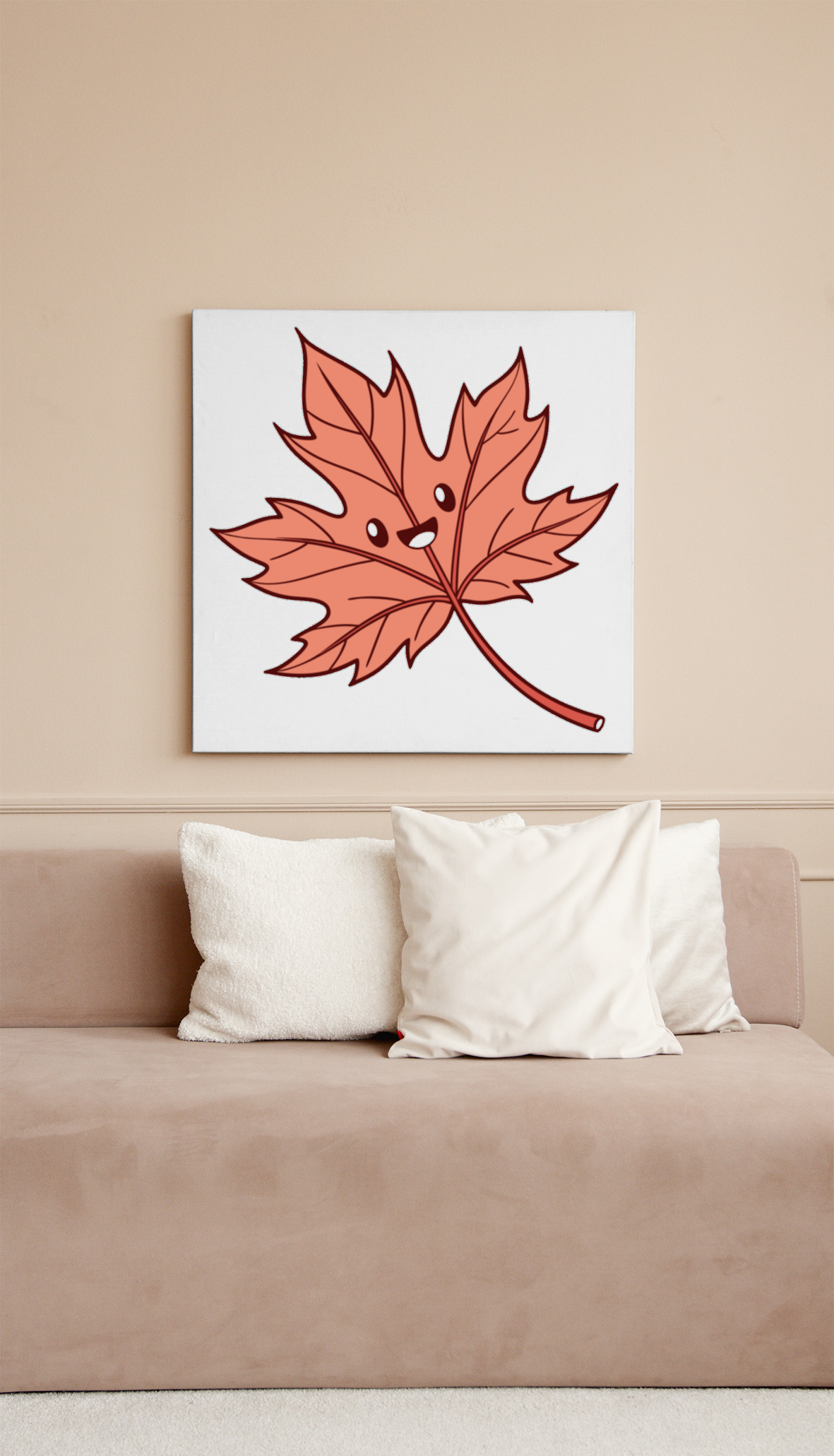 Cadre décoratif automnal avec une feuille souriante dans un style kawaii