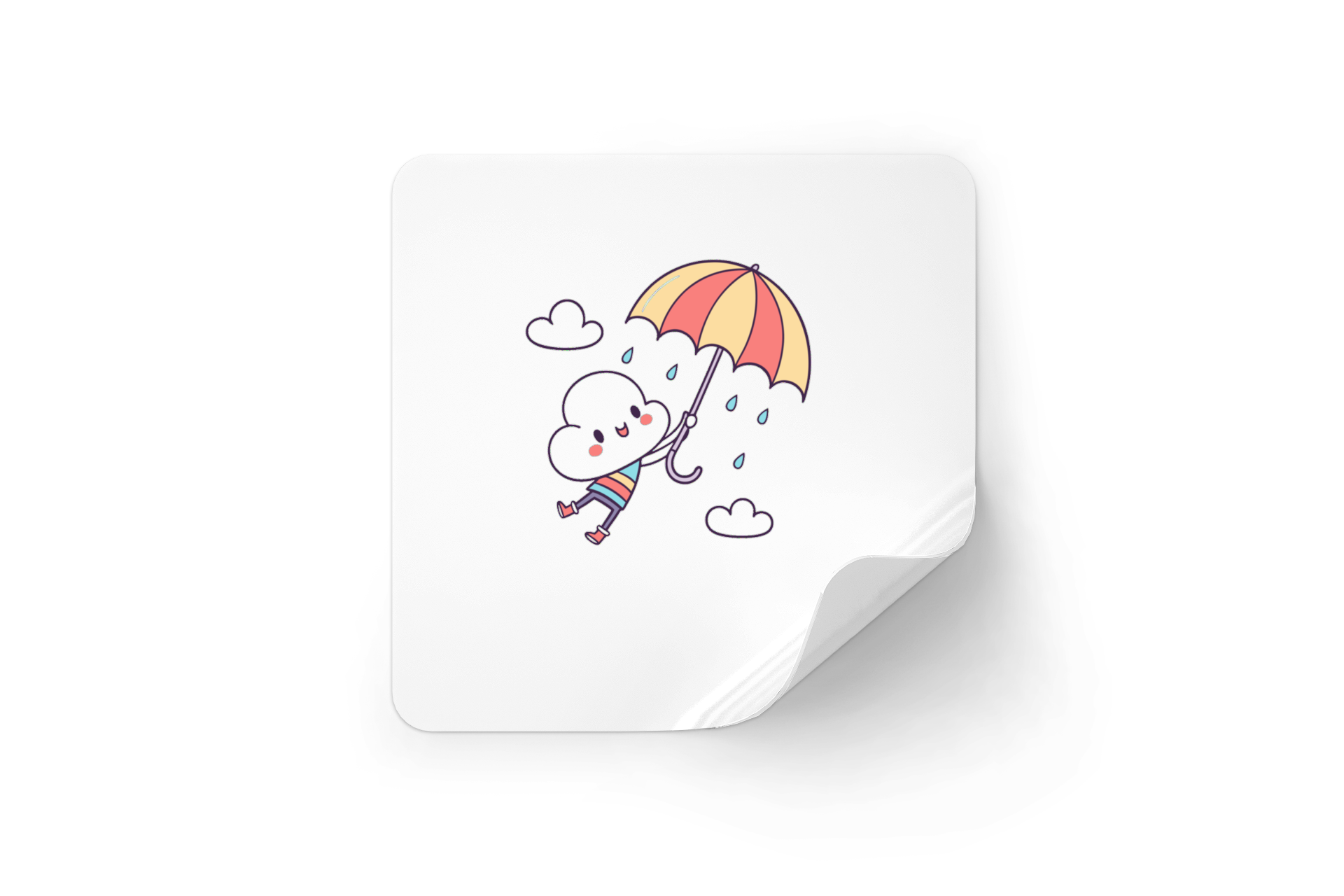 Sticker enfantin avec nuage joyeux kawaii et pluie colorée sur fond neutre
