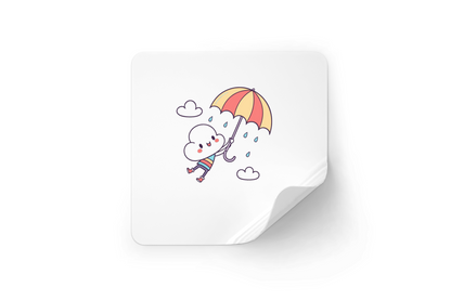 Sticker enfantin avec nuage joyeux kawaii et pluie colorée sur fond neutre