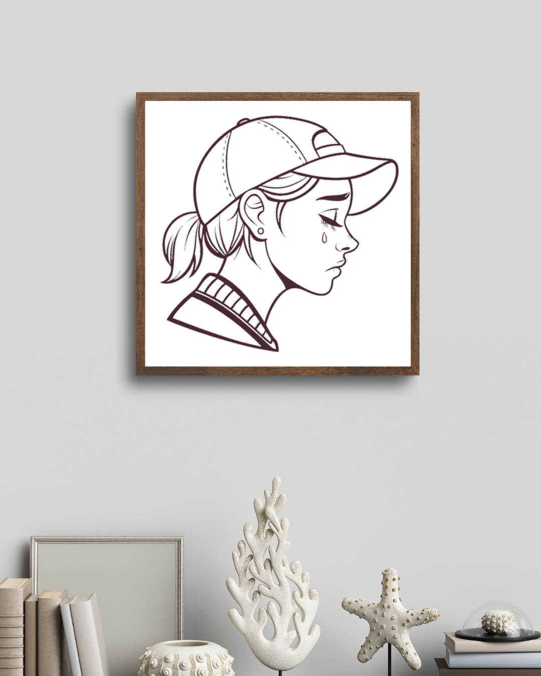 Cadre moderne avec art line jeune fille triste et casquette, style vectoriel emociel