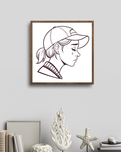 Cadre moderne avec art line jeune fille triste et casquette, style vectoriel emociel