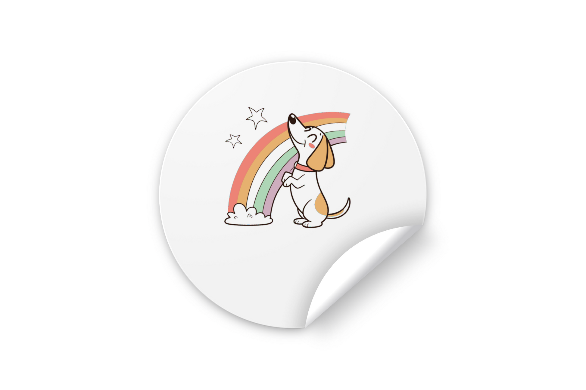 Sticker cartoon joyeux avec chien coloré sous arc-en-ciel tableau de bonheur