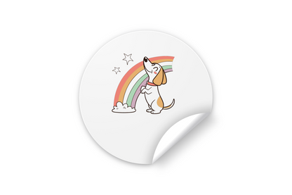 Sticker cartoon joyeux avec chien coloré sous arc-en-ciel tableau de bonheur
