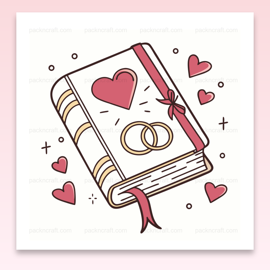Illustration de livre de vœux mariage avec cœur et alliances.