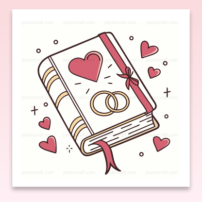 Illustration de livre de vœux mariage avec cœur et alliances.