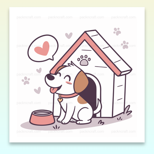 Illustration d'un chien heureux devant une niche, kawaii et adorable, fichier numérique vectoriel pour DIY