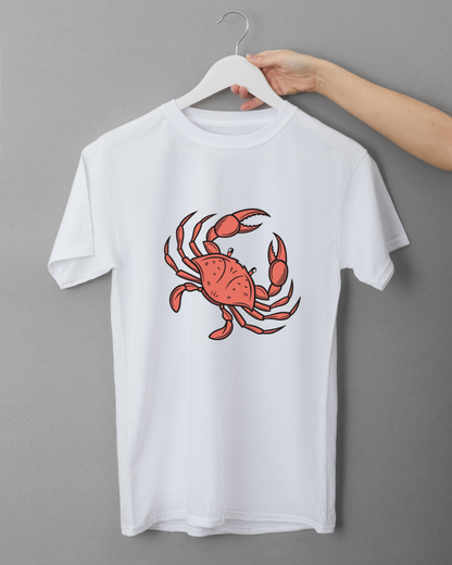 T-shirt aux tons marins avec un dessin ludique de crabe curieux en style graphique