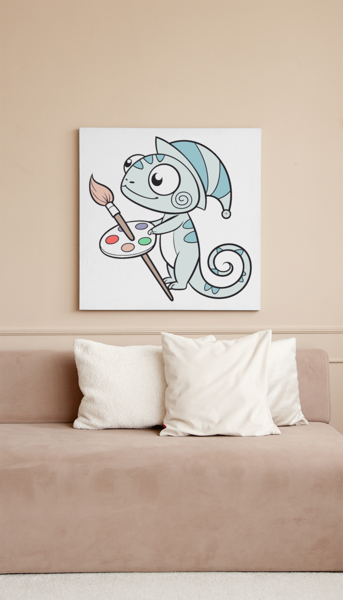 Cadre avec caméléon cartoon peintre joyeux présentant une scène artistique colorée