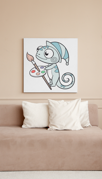 Cadre avec caméléon cartoon peintre joyeux présentant une scène artistique colorée