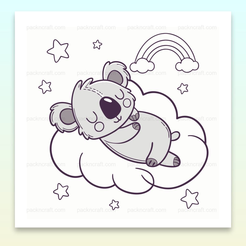 Illustration d'un koala endormi sur un nuage avec étoiles et arc-en-ciel, style minimaliste.