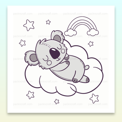 Illustration d'un koala endormi sur un nuage avec étoiles et arc-en-ciel, style minimaliste.