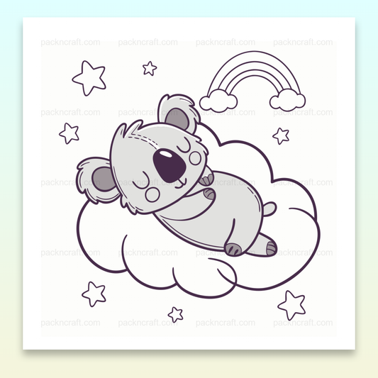 Illustration d'un koala endormi sur un nuage avec étoiles et arc-en-ciel, style minimaliste.