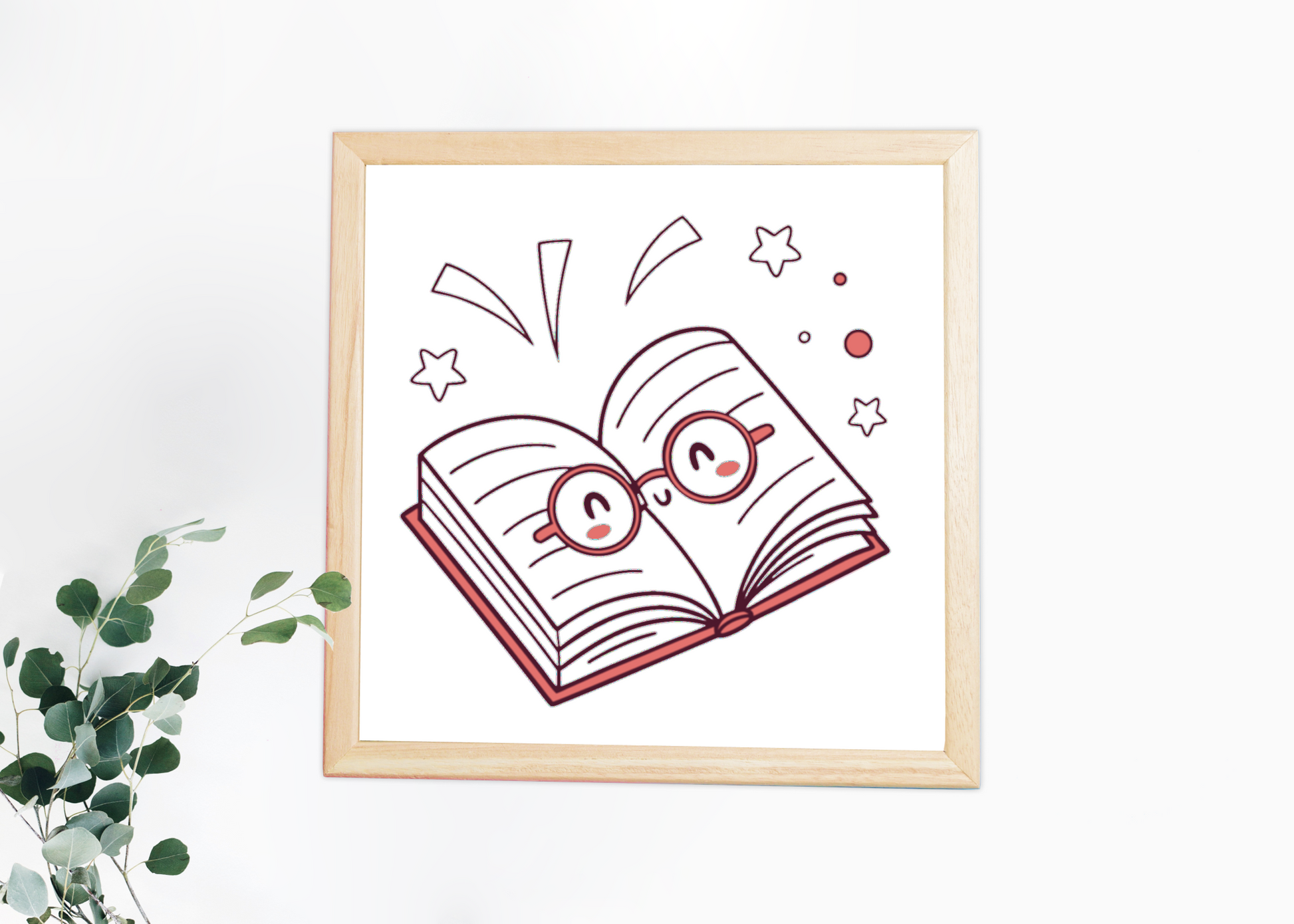 Cadre décoratif avec livre joyeux style kawaii, lunettes mignonnes et ambiance scolaire