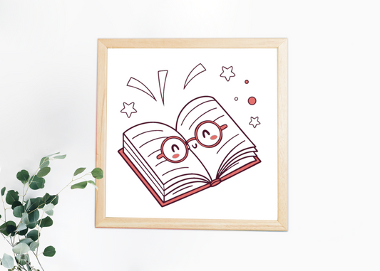 Cadre décoratif avec livre joyeux style kawaii, lunettes mignonnes et ambiance scolaire