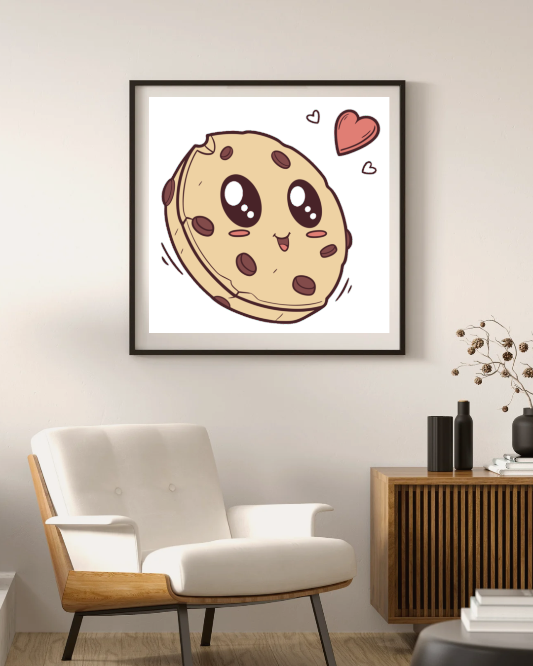 Illustration dans un cadre de cookie kawaii avec amour, pour déco joyeuse.