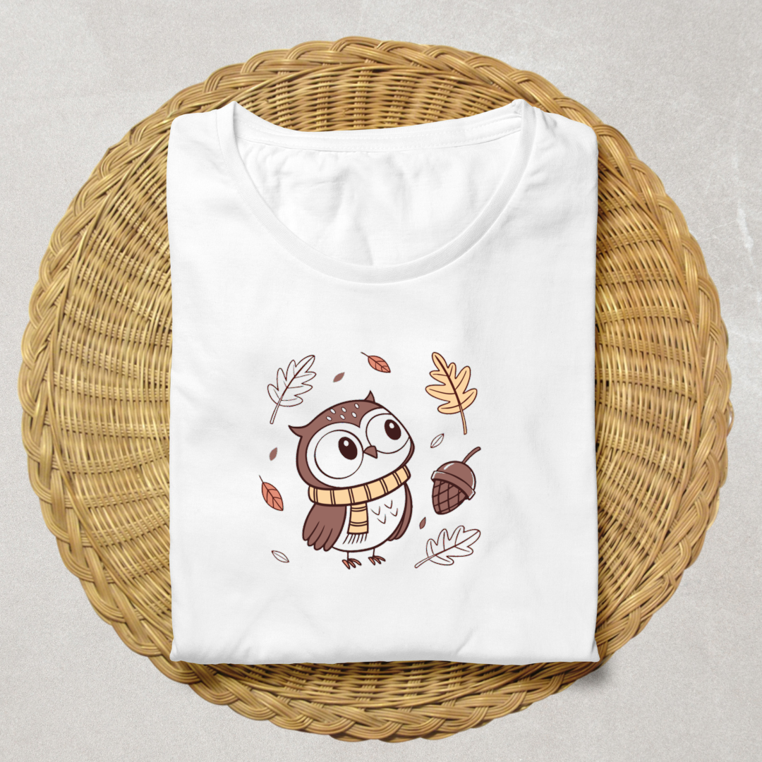 T-shirt nature avec chouette curieuse en style apaisant et décoratif