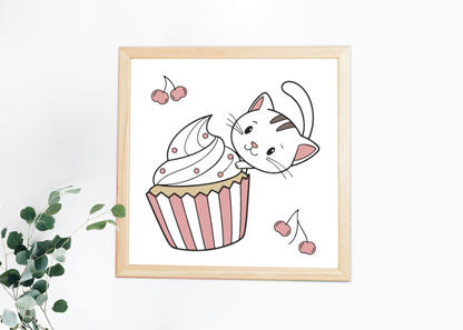 Cadre décoratif avec chat espiègle dévorant un cupcake adorable et coloré