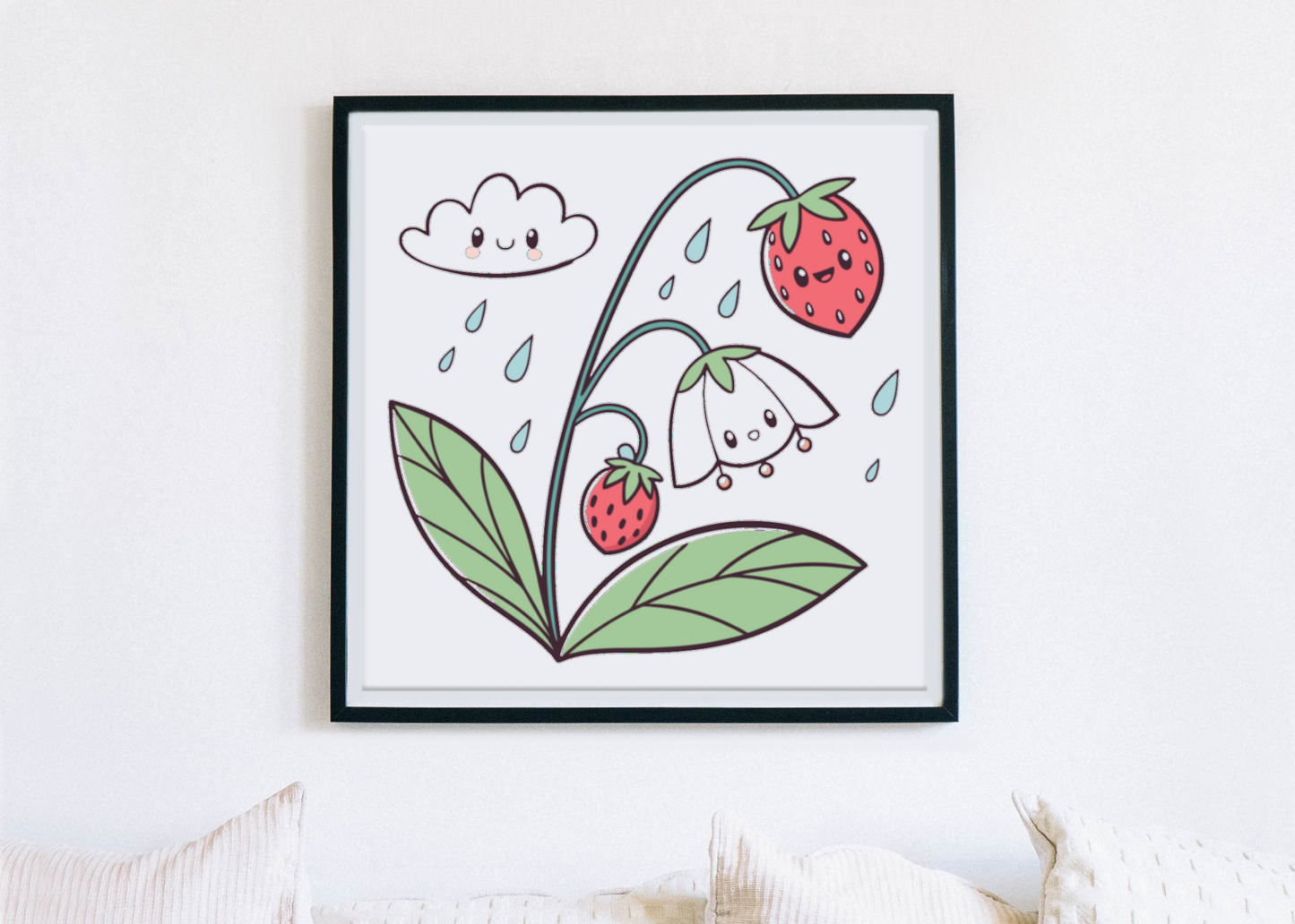 Cadre printemps avec fraise kawaii et nuage rieur, design joyeux et coloré